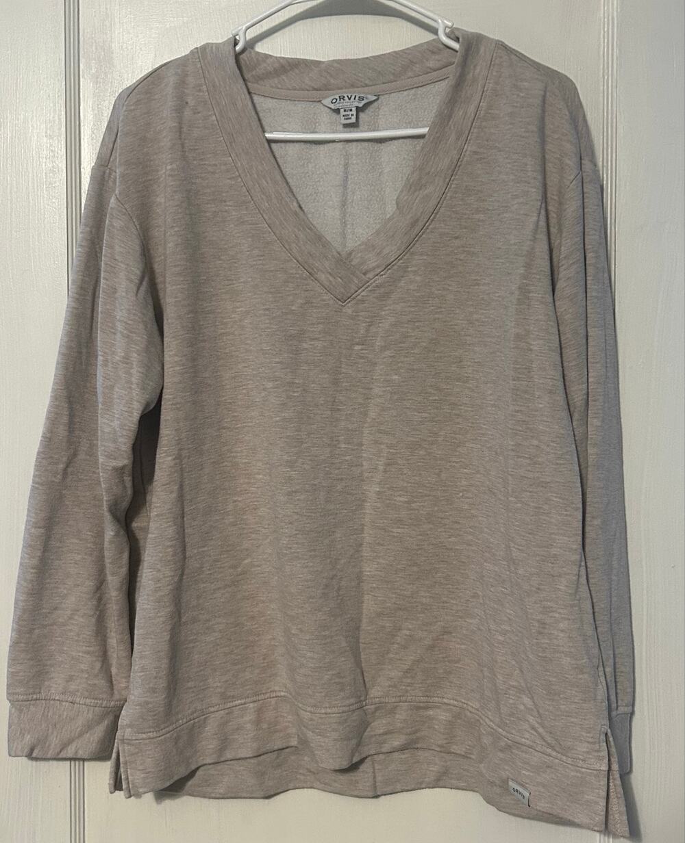 Orvis Women's V-Neck Dropped Shoulders Sweatshirt Sweater Tan Comfy Size medium